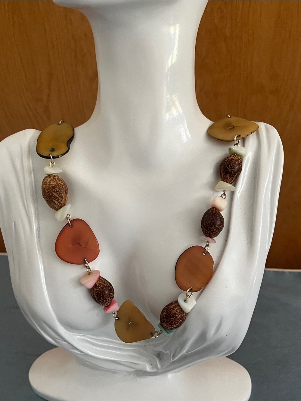 Vintage Bohemian Natural Tagua Seed & Polished Shell Slice Necklace